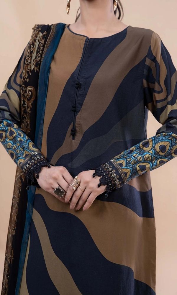 Lawn 3pc digital printed suit with patches and silk dupatta