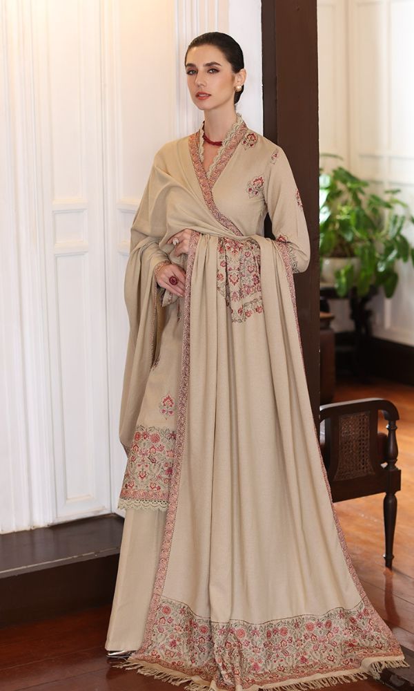 Dhanak 3pc unstitched heavy embroidered suit with embroidered shawl and patched