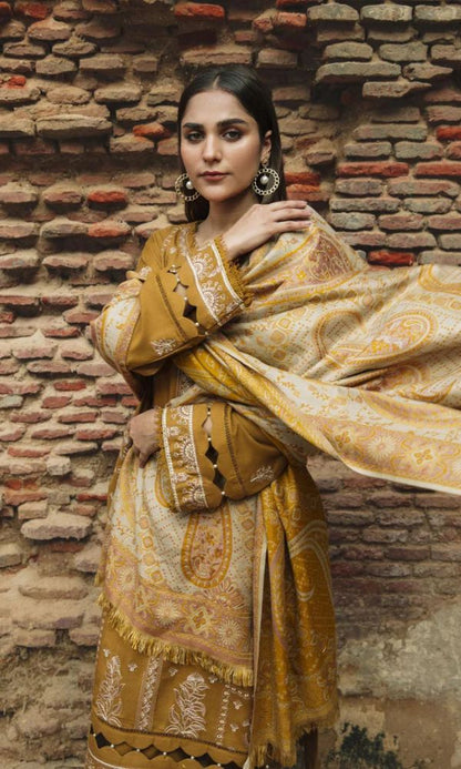 Dhanak 3pc unstitched heavy embroidered suit with digital printed shawl