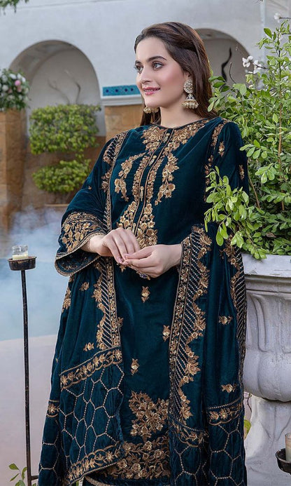 Velvet 3pc unstitched sequence embroidered shirt with velvet embroidered shawl