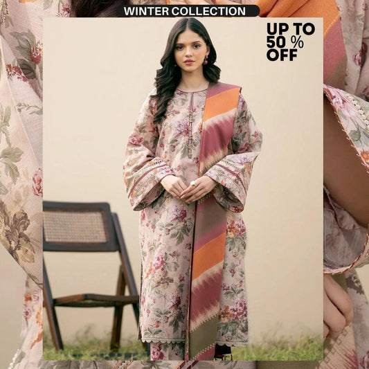 Khaddar 3pc unstitched digital printed suit with patches