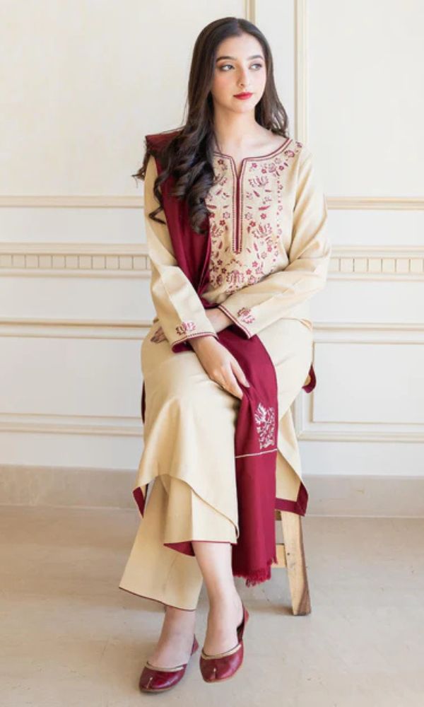 Dhanak 3pc unstitched suit with embroidered patches and embroidered shawl