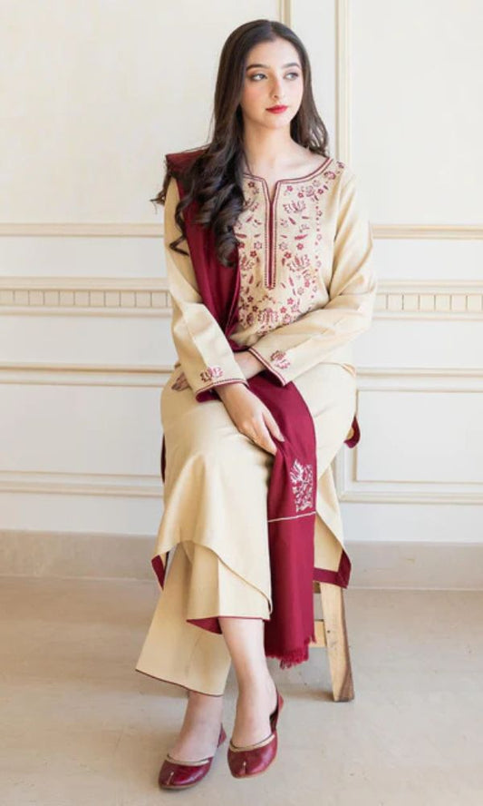 Dhanak 3pc unstitched suit with embroidered patches and embroidered shawl