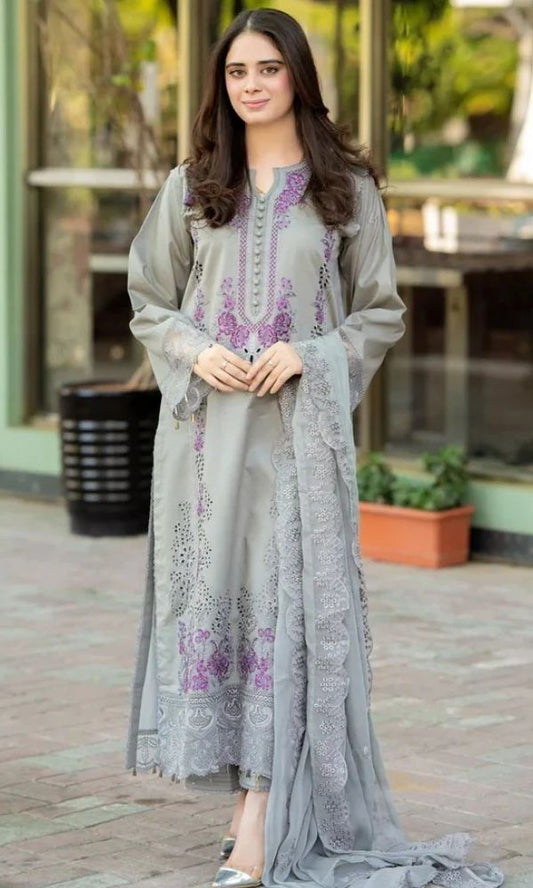 Dhanak 3pc unstitched embroidered suit with embroiered shawl