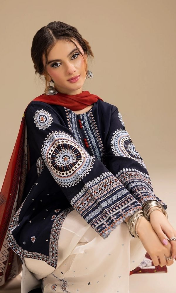 Dhanak 3pc unstitched embroidered suit with digital printed wool shawl