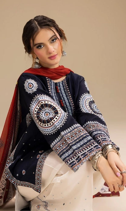 Dhanak 3pc unstitched embroidered suit with digital printed wool shawl
