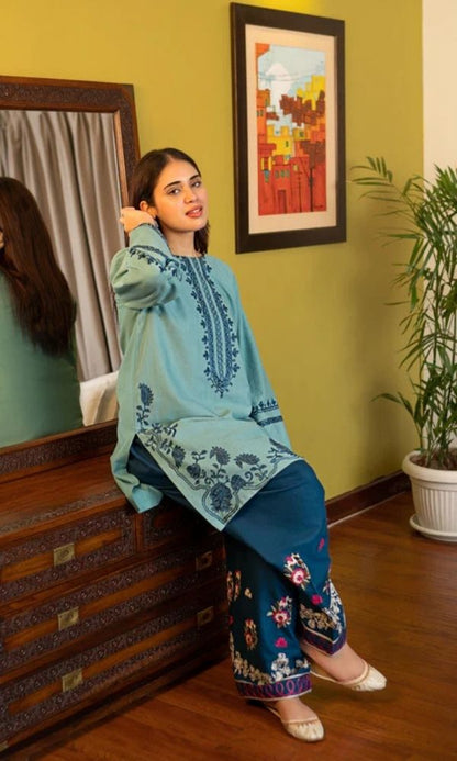 Dhanak 2pc unstitched embroidered suit with embroidered trouser