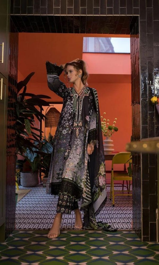 Lawn 3pc digital printed suit with patches and silk dupatta