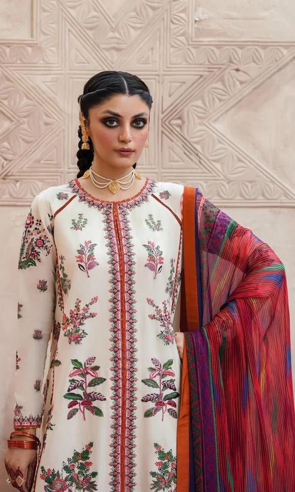 Linen 3pc unstitched heavy embroidered shirt with silk printed dupatta
