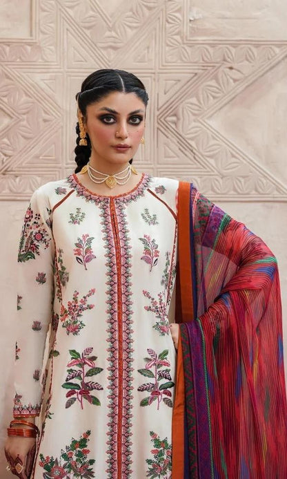 Linen 3pc unstitched heavy embroidered shirt with silk printed dupatta