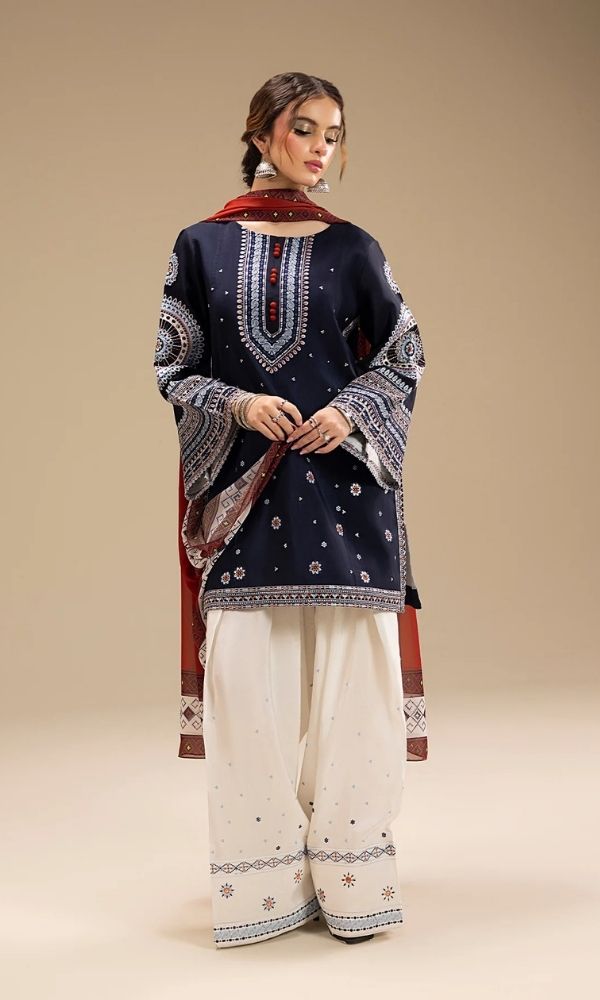 Dhanak 3pc unstitched embroidered suit with digital printed wool shawl