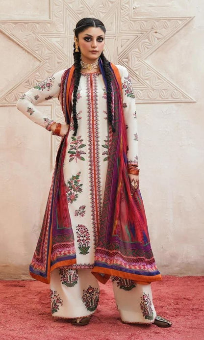 Linen 3pc unstitched heavy embroidered shirt with silk printed dupatta