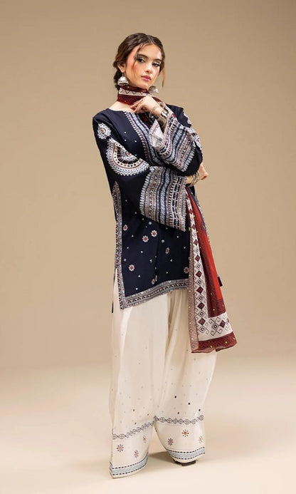 Dhanak 3pc unstitched embroidered suit with digital printed wool shawl