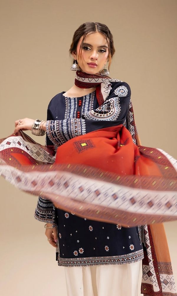 Dhanak 3pc unstitched embroidered suit with digital printed wool shawl