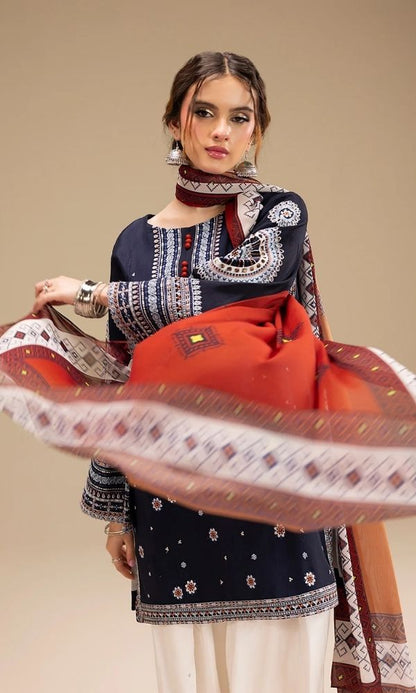 Dhanak 3pc unstitched embroidered suit with digital printed wool shawl