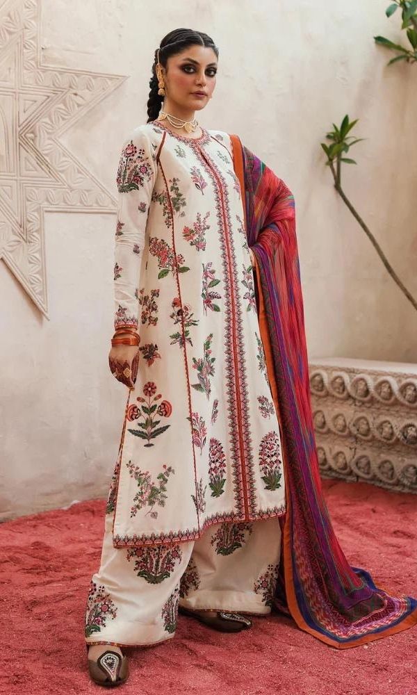 Linen 3pc unstitched heavy embroidered shirt with silk printed dupatta