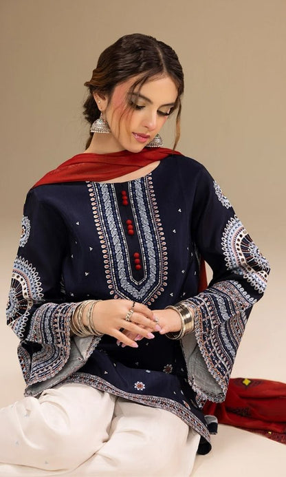 Dhanak 3pc unstitched embroidered suit with digital printed wool shawl