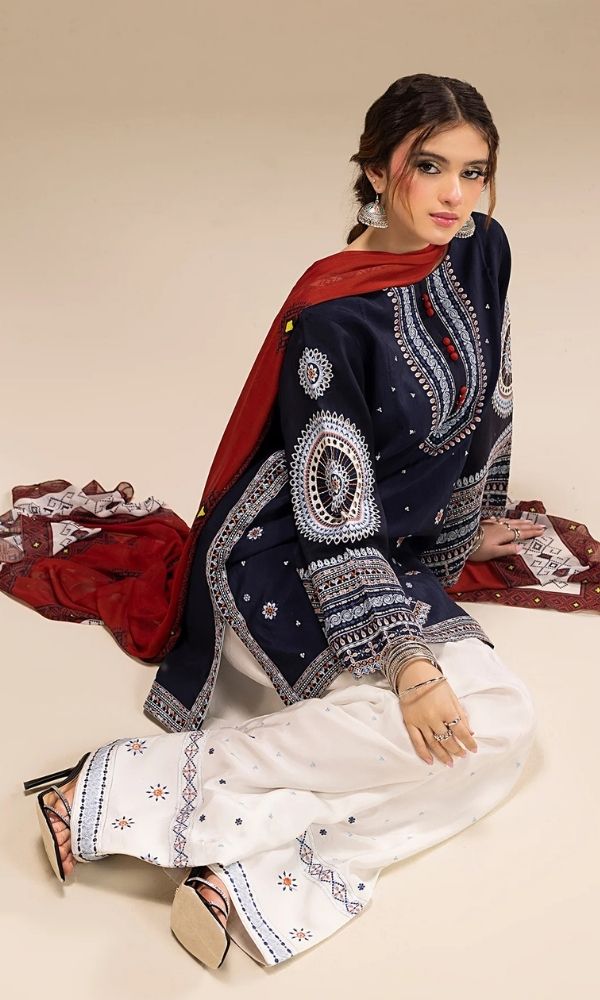 Dhanak 3pc unstitched embroidered suit with digital printed wool shawl