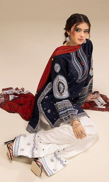 Dhanak 3pc unstitched embroidered suit with digital printed wool shawl