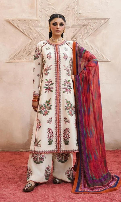 Linen 3pc unstitched heavy embroidered shirt with silk printed dupatta