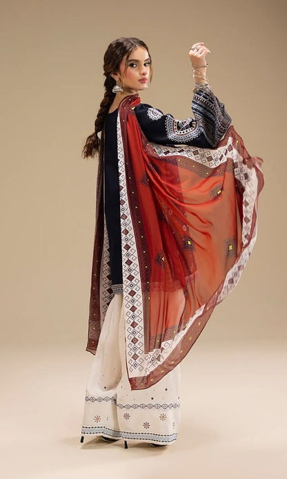 Dhanak 3pc unstitched embroidered suit with digital printed wool shawl