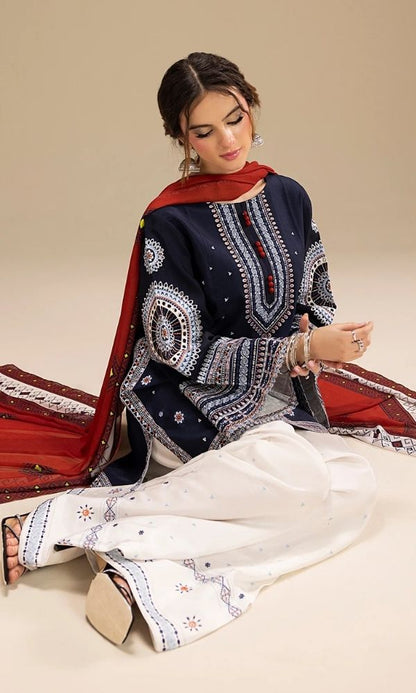 Dhanak 3pc unstitched embroidered suit with digital printed wool shawl