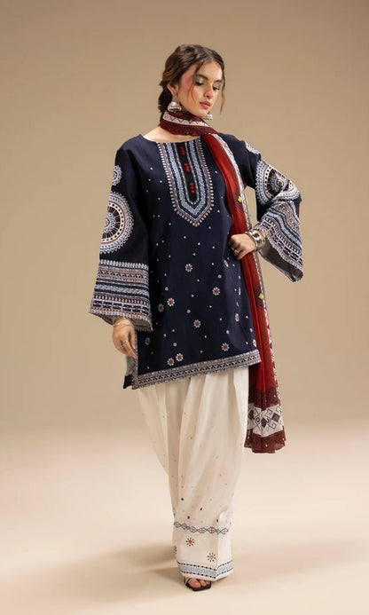 Dhanak 3pc unstitched embroidered suit with digital printed wool shawl