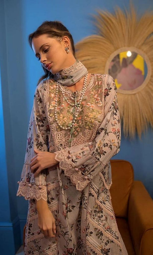 Lawn 3pc digital printed suit with embroidered patches