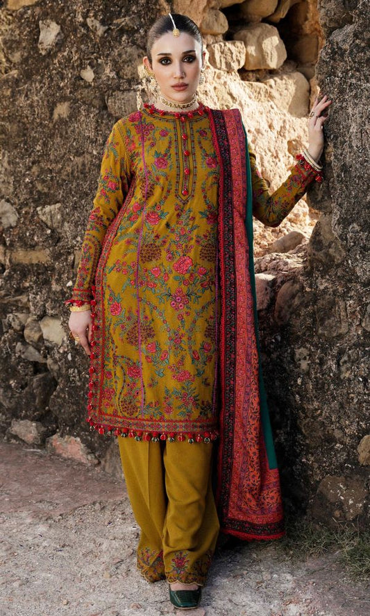 Dhanak unstitched 3pc heavy embroidered suit with wool shawl