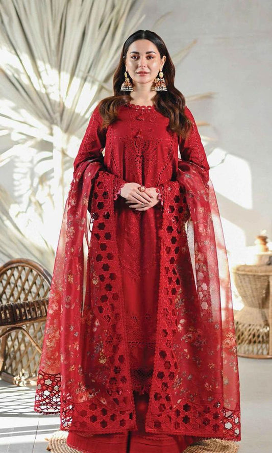 Lawn3pc unstitched heavy chiken kari embroidered suit with embroidered dupatta