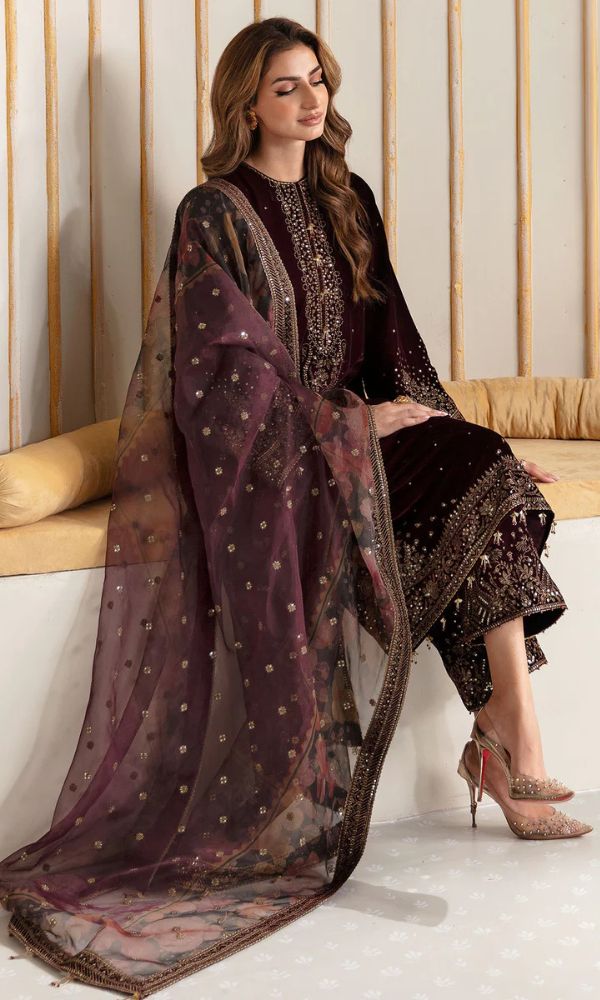 velvet 3pc unstitched heavy sequence embroidered suit with patches and embroidered dupatta and embroidered trouser
