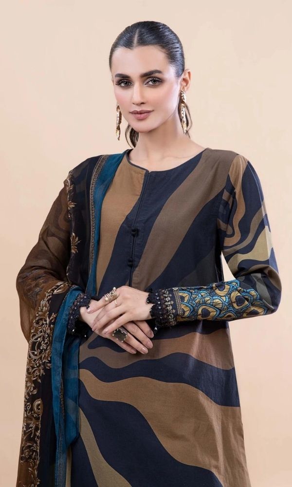 Lawn 3pc digital printed suit with patches and silk dupatta