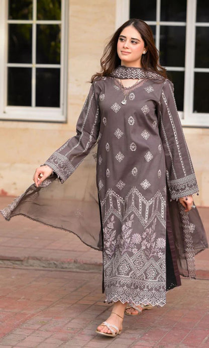 Dhanak 3pc unstitched suit wth same embroidered shawl
