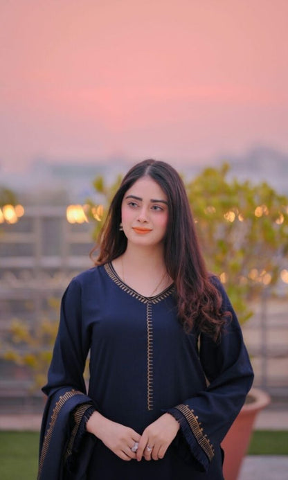 Dhanak 3pc unstitched suit with patches and digital printed wool shawl