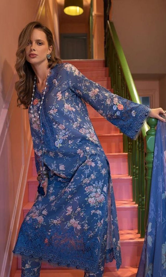 Lawn 3pc digital printed suit with patches and silk dupatta