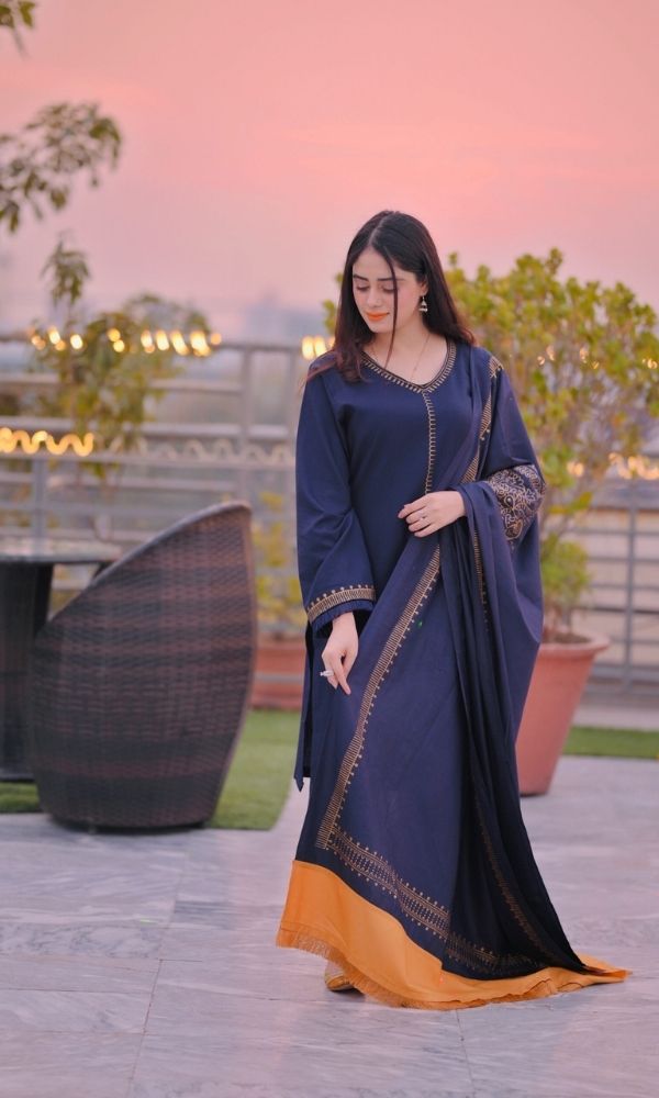 Dhanak 3pc unstitched suit with patches and digital printed wool shawl