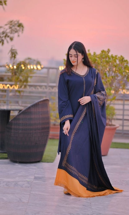 Dhanak 3pc unstitched suit with patches and digital printed wool shawl