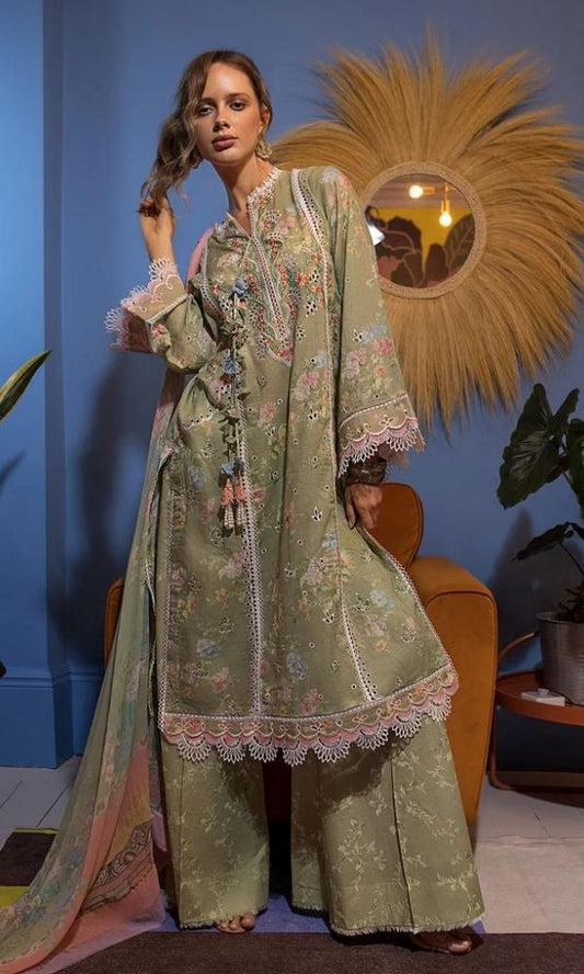 Lawn 3pc digital printed suit with patches and silk dupatta