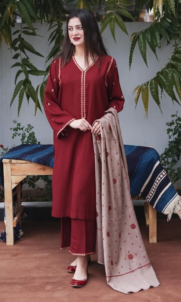 Dhanak 3pc unstitched shirt embroidered sleeves and dhanak embroidered shawl