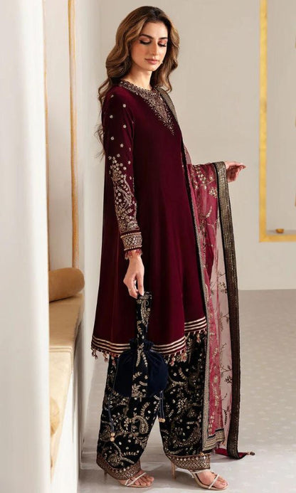 velvet 3pc unstitched sequence embroidered collection with embroidered dupatta and trouser