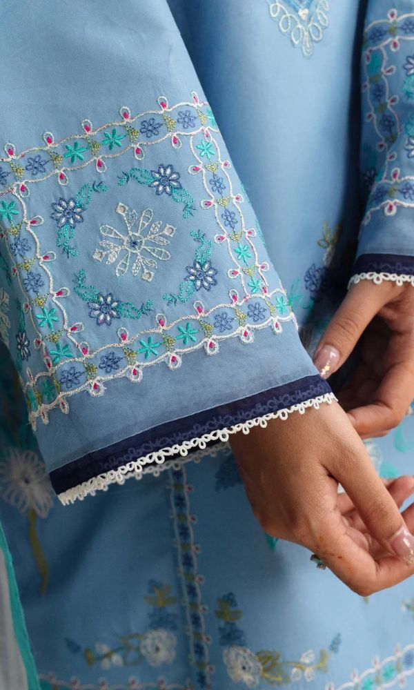 Dhanak 3pc embroidered suit with silk organza dupatta with patches