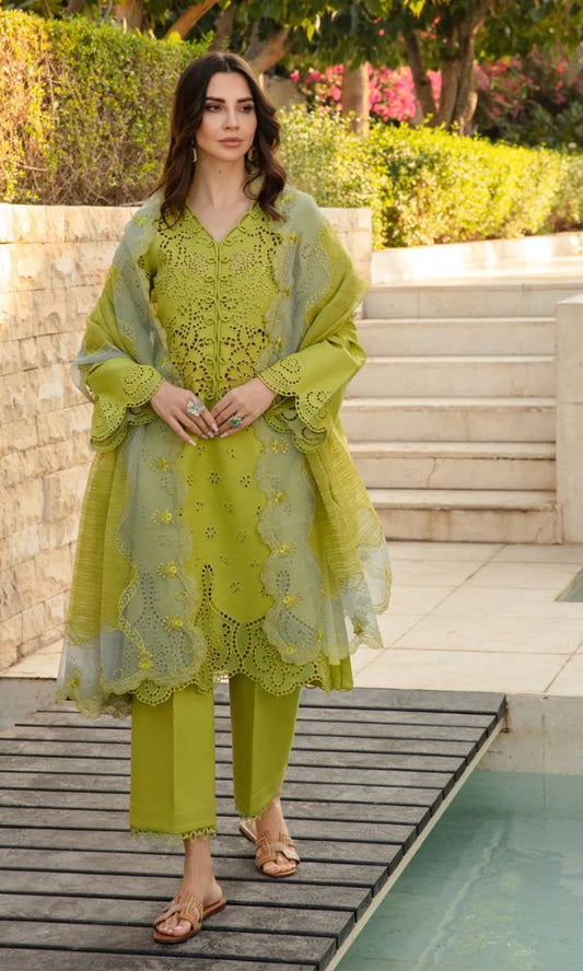 Lawn 3pc unstitche heavy chiken kari embroidered suit