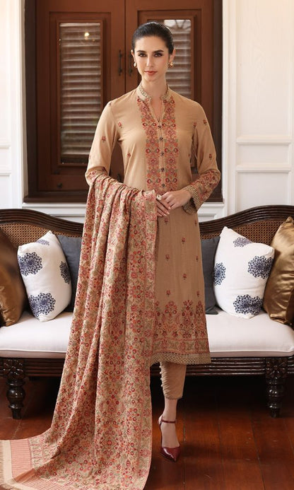 Dhanak 3pc unstitched heavy embroidered shirt with heavy embroidered shawl