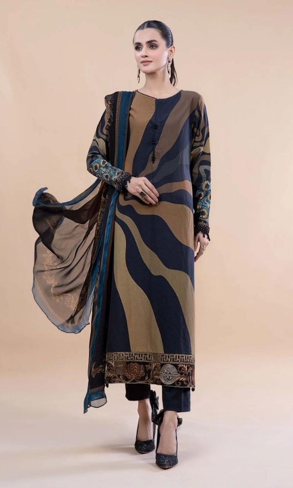 Lawn 3pc digital printed suit with patches and silk dupatta