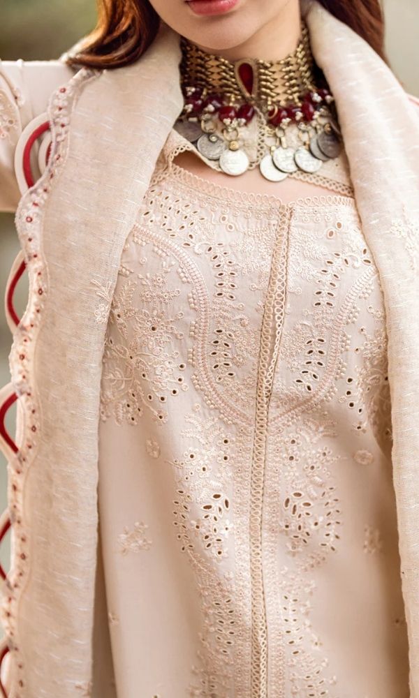 Lawn 3pc unstitched luxury fully chiken kari embroidered suit with embroidered dupatta