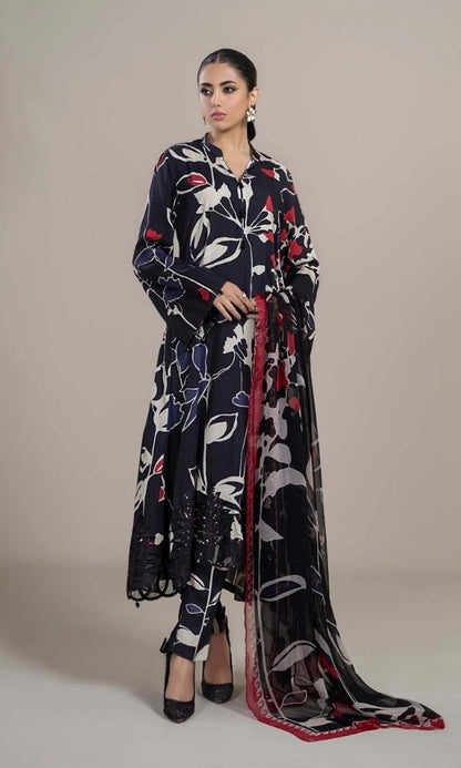 Lawn 3pc digital printed suit with silk digital printed dupatta with patches