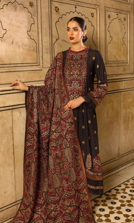 Breeze linen unstitched 3pc heavy embroidered shirt with heavy embroidered shawl