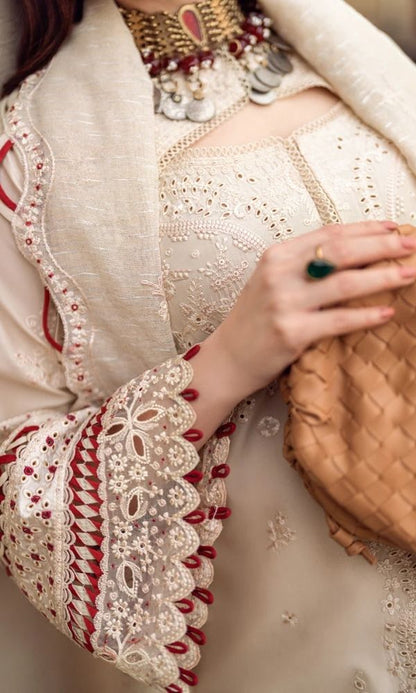 Lawn 3pc unstitched luxury fully chiken kari embroidered suit with embroidered dupatta