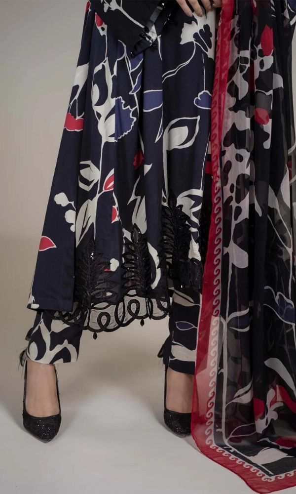 Lawn 3pc digital printed suit with silk digital printed dupatta with patches