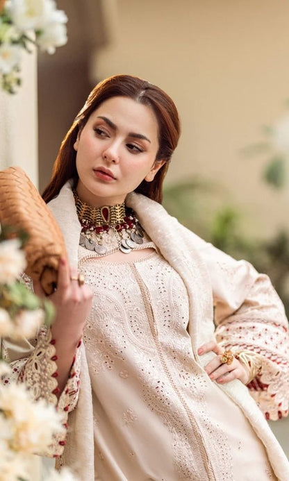 Lawn 3pc unstitched luxury fully chiken kari embroidered suit with embroidered dupatta